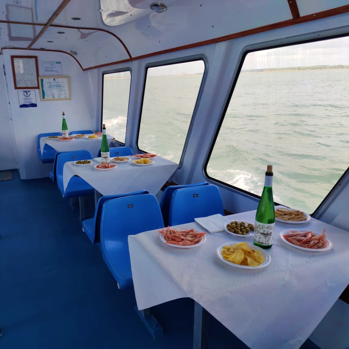 Paseo en barco con gambas, chips, aceitunas y vino del Condado de Huelva
